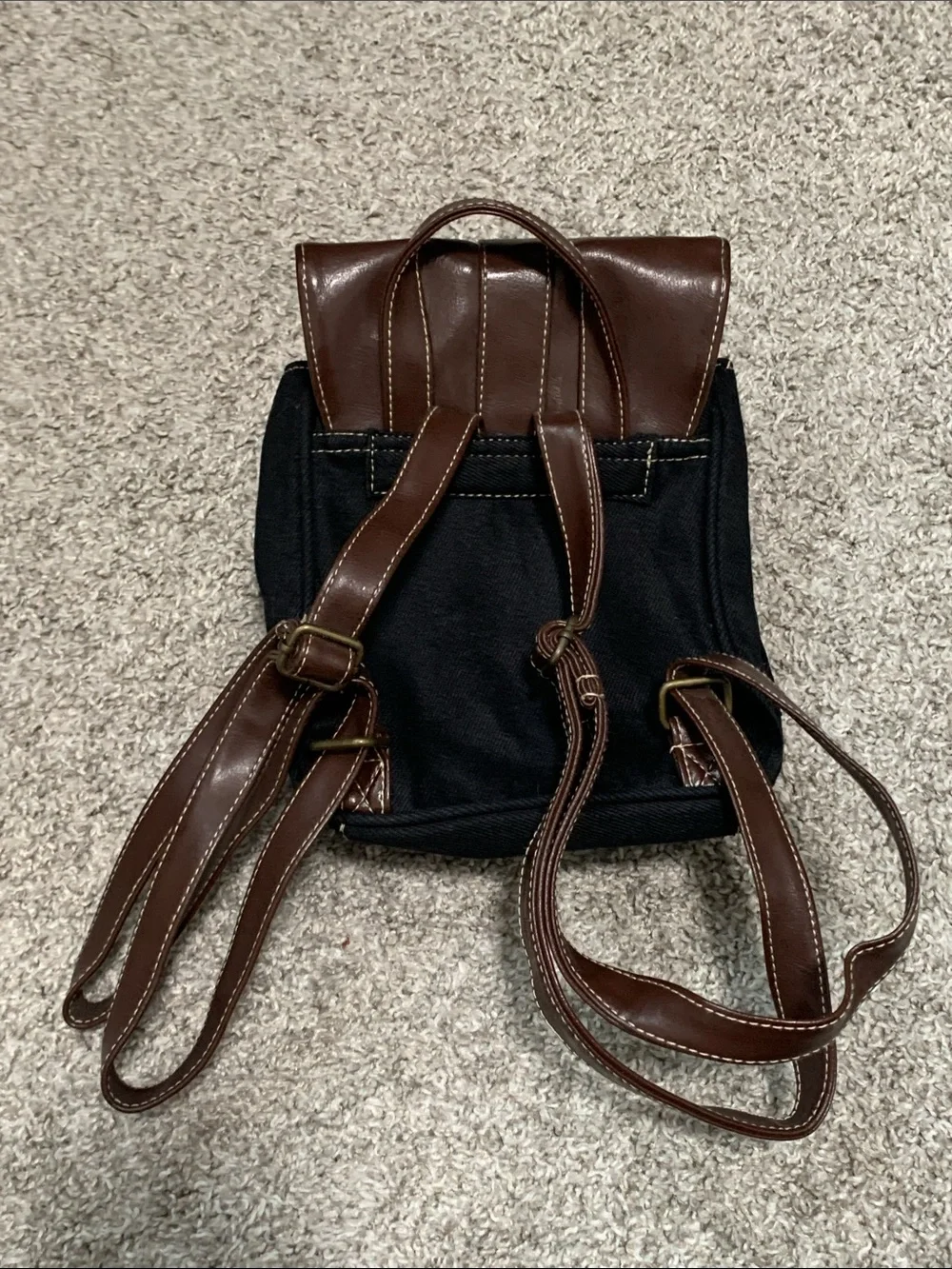 Y2K Black Canvas Square Mini Backpack with Brown Faux Leather Trim